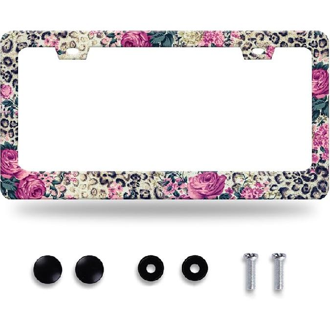 Cherry Blossom License Plate Frame Beautiful Flowers Pink License Plate Stainless Steel Funny License Plate Holder Floral Car Accessories Decoration