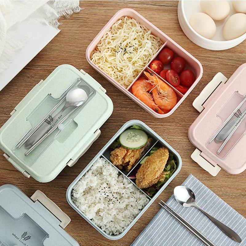 Hot Lunch Box with Spoon Chopsticks Wheat Straw Dinnerware Food Storage Container Children Kid School Office Microwave Bento Box