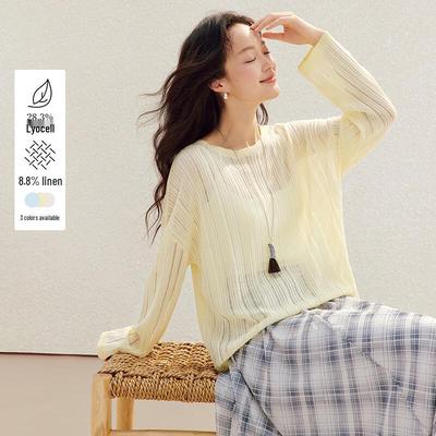 INMAN Lyocell Linen French Hollow-Out Long Sleeve Knit Top