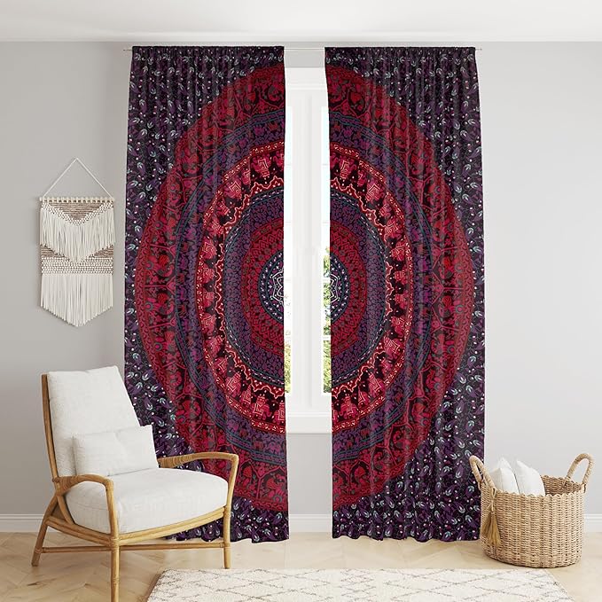 BLESS INTERNATIONAL Beautiful Indian Bohemian Psychedelic Hippie Tree of Life Window Curtain Panels for Bedroom, Living(Red Elephant Peacock)