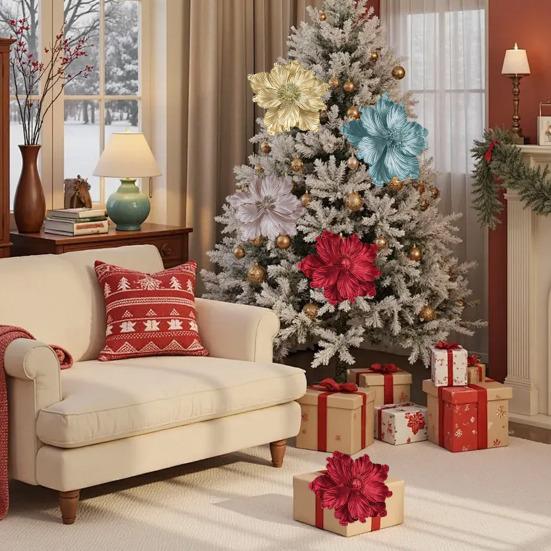 Artificial Christmas Flowers Large Glitter Magnolia Decoration Sparkling Xmas Tree Ornaments Wreath Garland Home Party Decor DIY Crafts