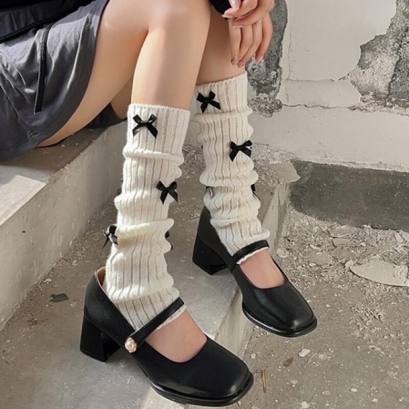 Sock Ankle Mid-Calf Retro Ribbon Foot Warmer All black