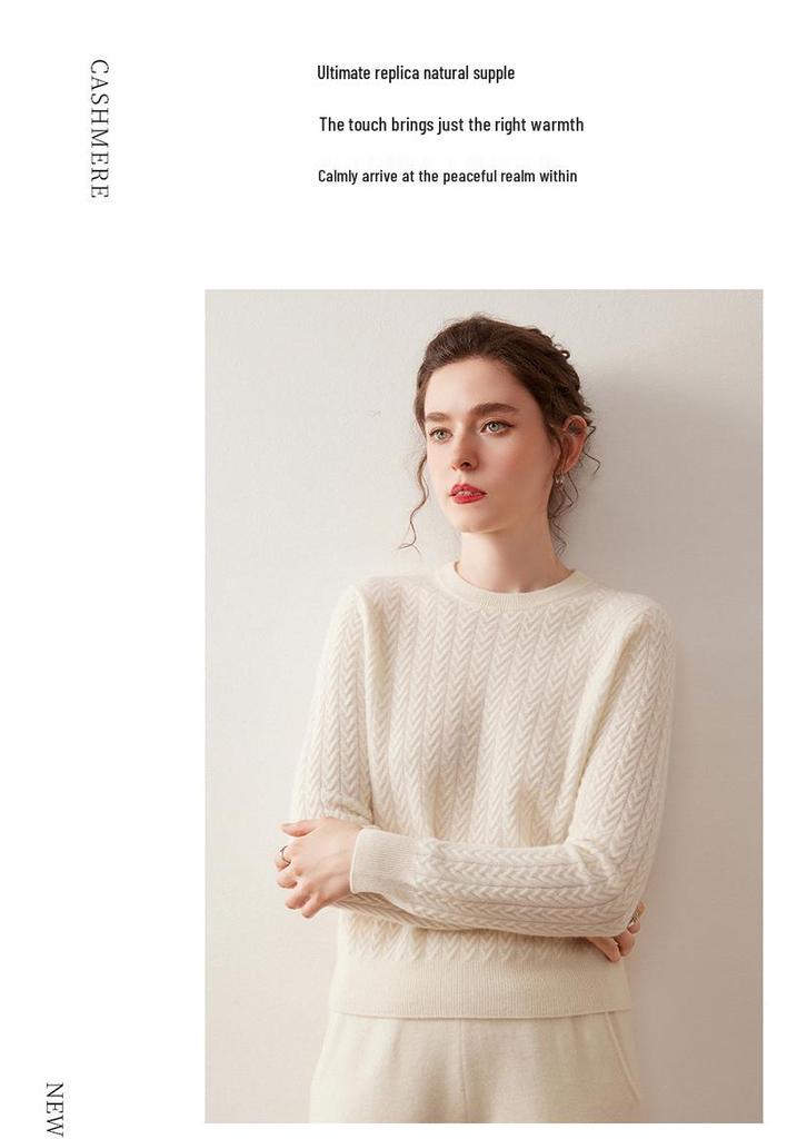 Autumn/Winter 2025 Women's Cashmere Cable Knit Sweater - Round Neck, Loose Fit, Slimming Style