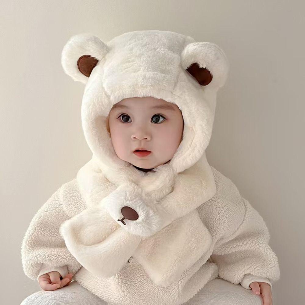 Fashion Design Children Fleece Hat Solid Color Plush Hat with Scarf Outdoor Bear Plush Hat  Boy
