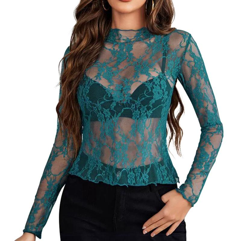 Women's Mesh Lace See-through Sexy Long Sleeve Top Sheer Shirt