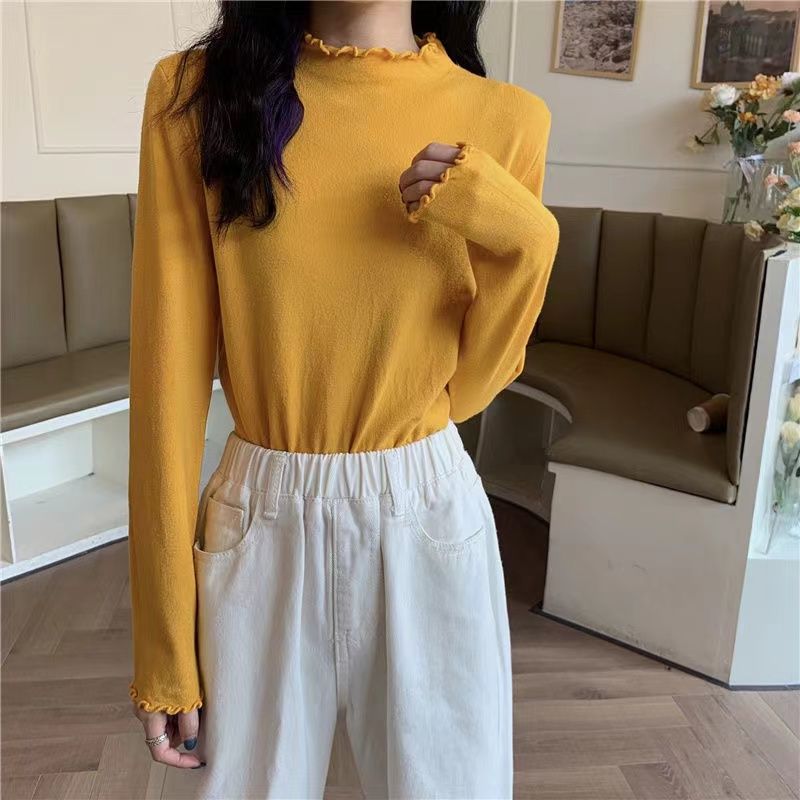 

Свитер с оборками и полуворотником для женщин на осень и зиму, однотонный трикотажный свитер с длинным рукавом, приталенный и повседневный пуловер 2XL жёлтый