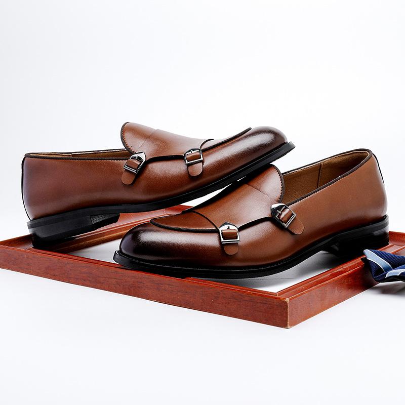 Loafers Men's Leather Shoes British Style One Pedal Business Lazy Casual Double Buckle Loafers Versatile Men's Shoes Wedding Shoes