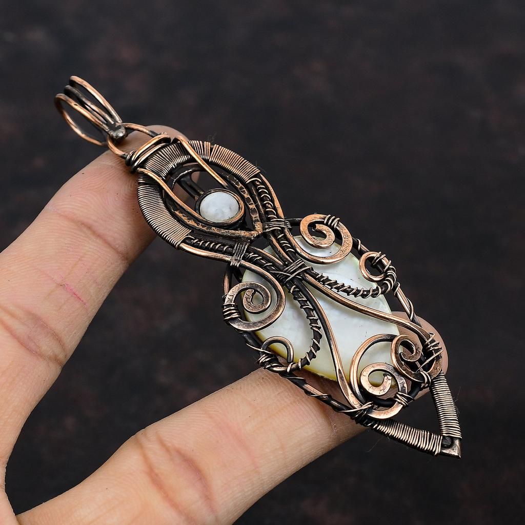 Mother Of Pearl Pendant Copper Wire Wrapped Gemstone Pendant Handmade Copper Wire Jewelry Rainbow Moonstone Pendant Unique Jewelry For Gift