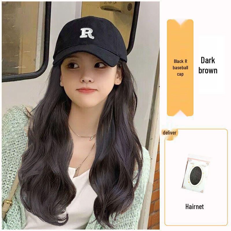 

Chic Curly Wig Hat with R Logo - Trendy Baseball Cap with Long Waves