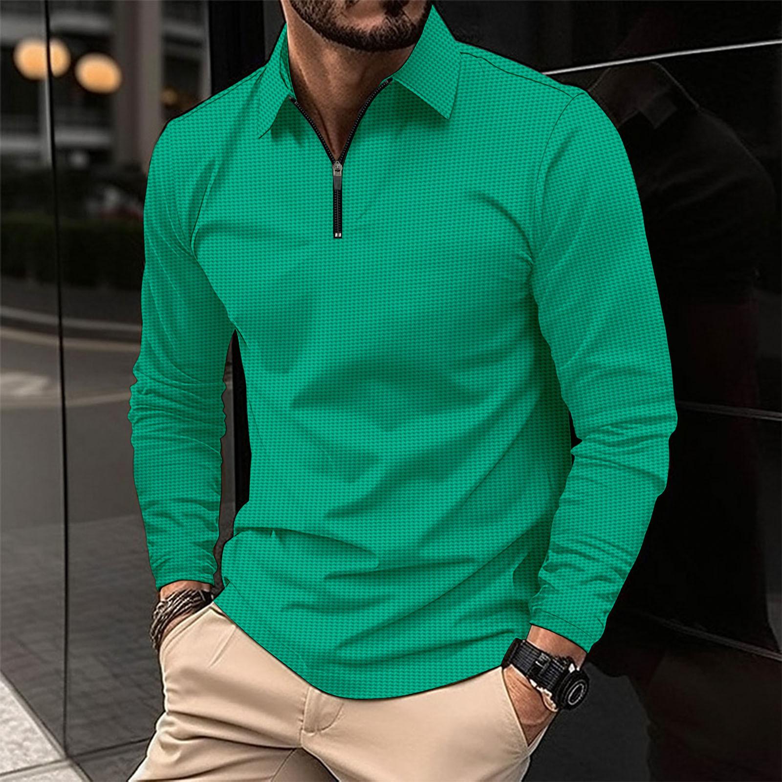 

New Men s Lapel Fashion Solid Colour Waffle Long Sleeve Men s T-shirt POLO Tops XXXL зелений