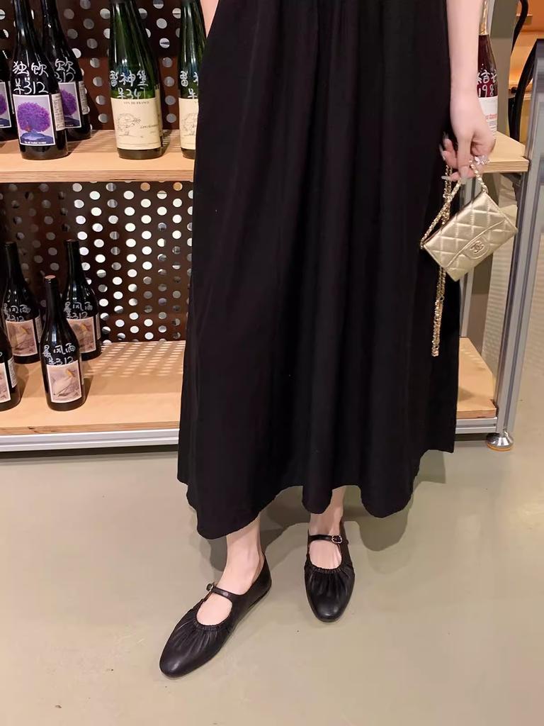 Cowhide version~ fairy style silver leather flat-soled single shoes women's pleated one-word buckle belt Mary Jane small leather shoes ladle shoes