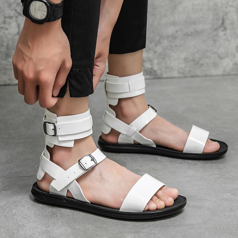 Summer New Men Gladiators Black White Punk Rock Patent Leather Casual Shoes Breathable Beach Sandals Outdoor Slippers Plus Size
