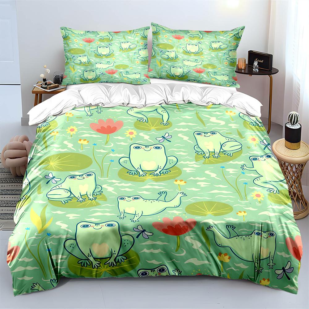 Cartoon Frogs On Lily Pads And Flowers Print Bedding Set 1 Duvet Cover 2 Pillowcases For Adult Children Luxury Gift Full Size