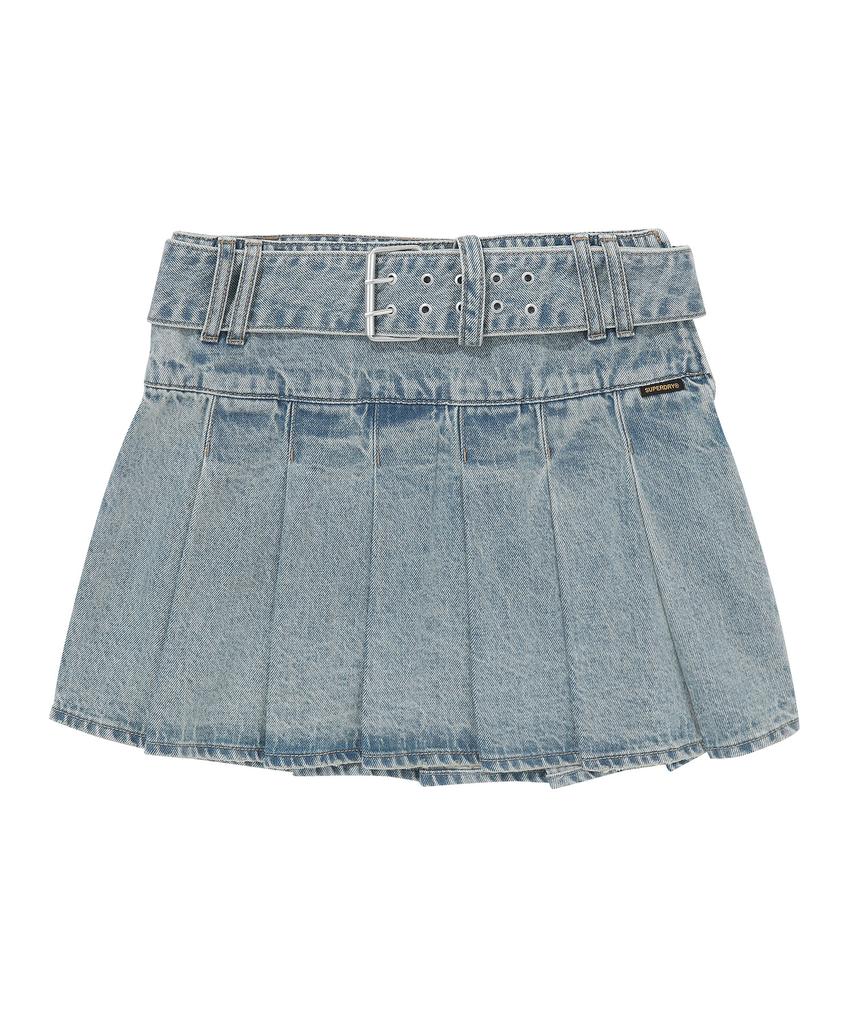 Syupeodeulai W Denim Belted Skirt Light Indigo