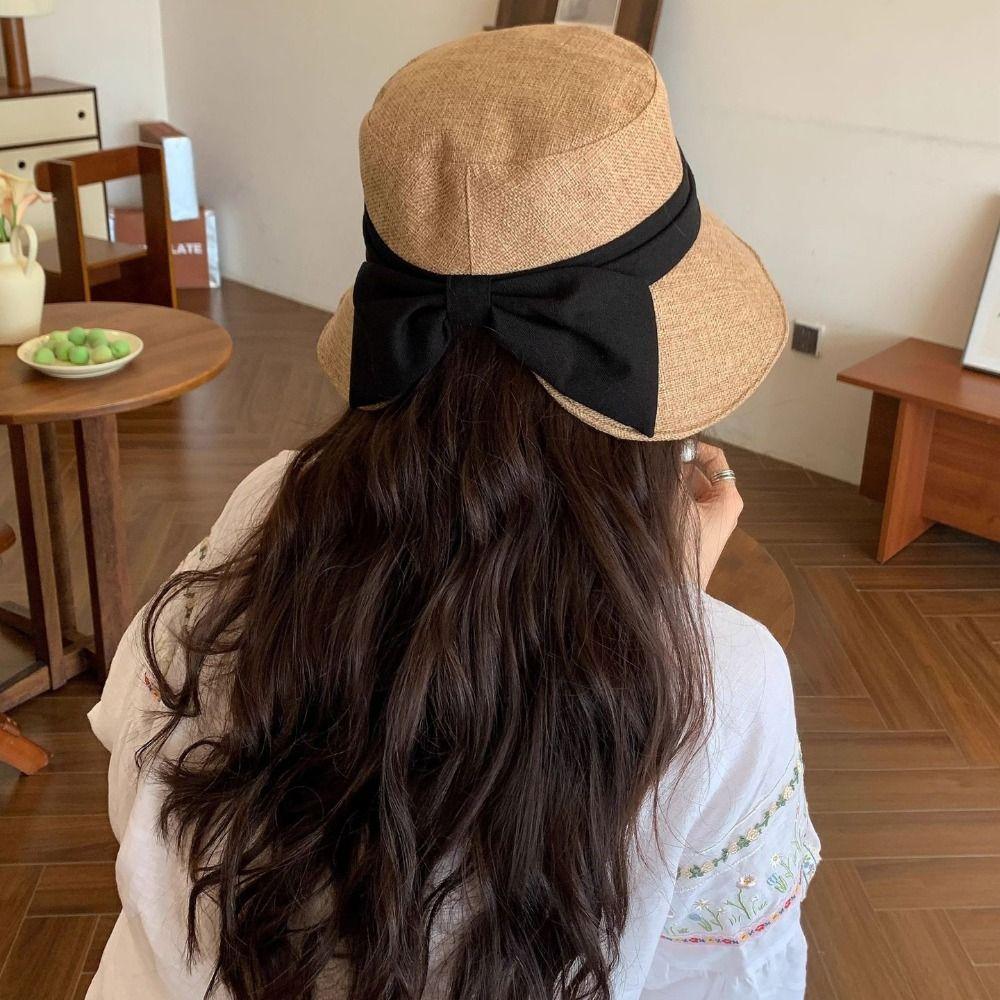 Solid Color Summer Sun Hat Bowknot Bucket Hat Portable Sunscreen Visor Cap Travel