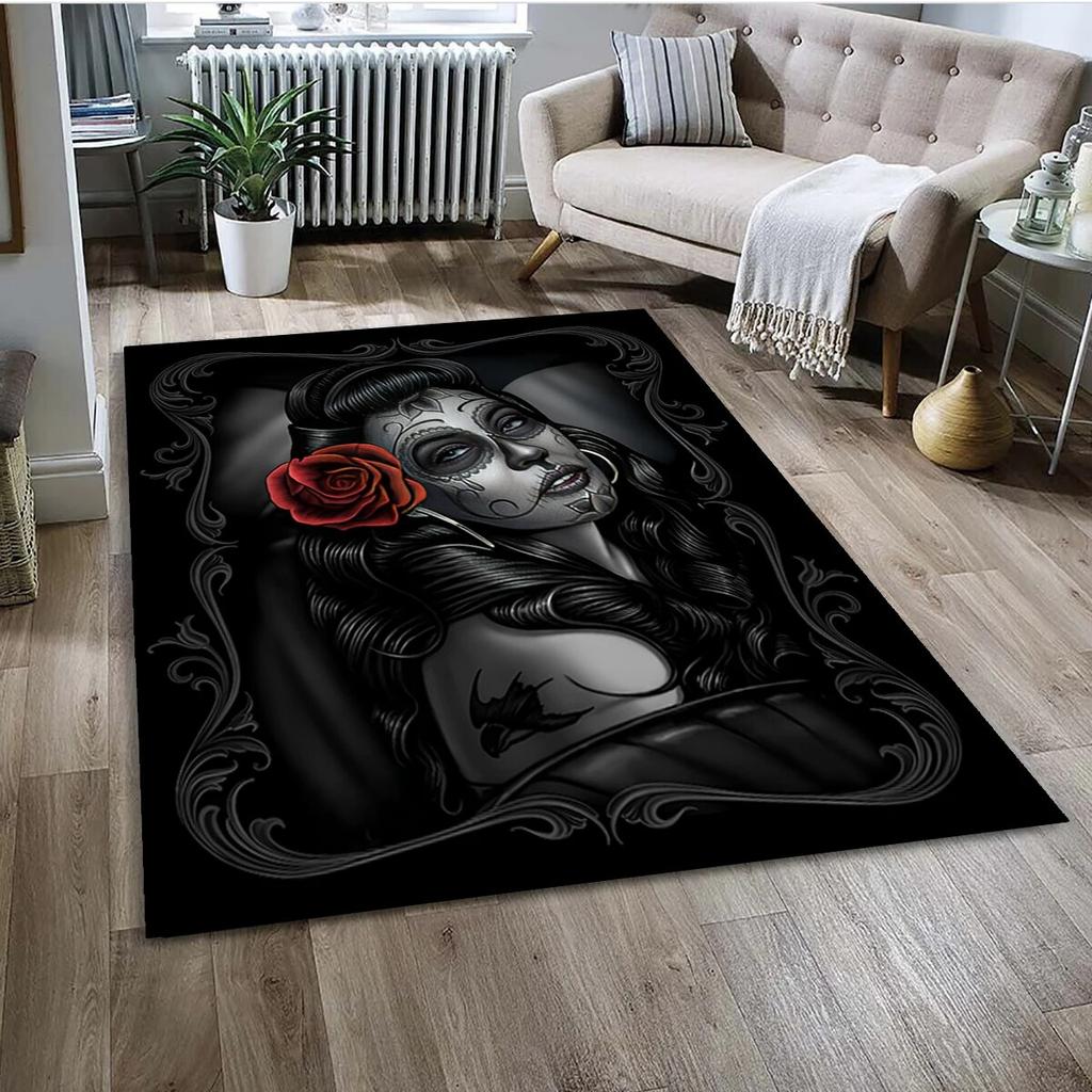 Gothic Female Skull Horror Dead Girl Area Rug,Carpet for Home Living Room Bedroom Sofa Doormat Decor,kids Non-slip Floor Mat 3D