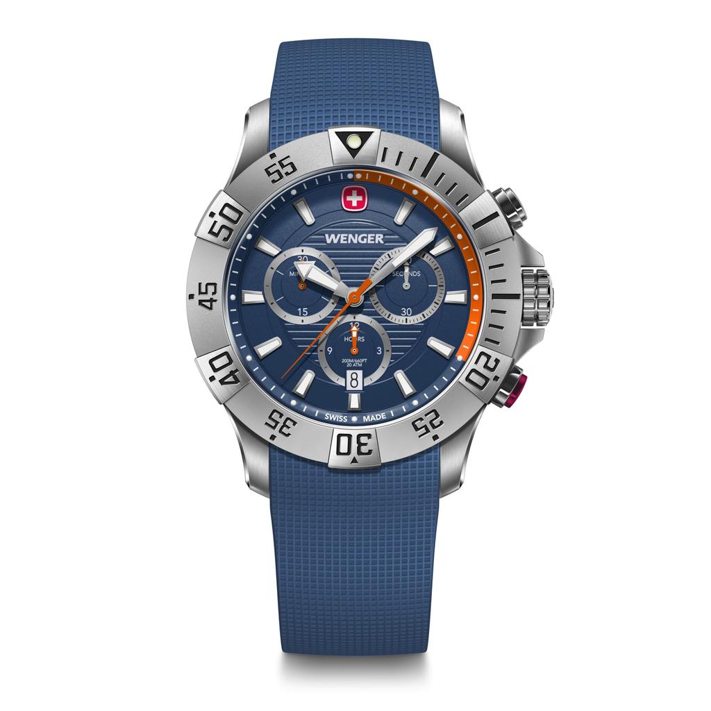WENGER SEAFORCE CHRONO Quartz Analog Watch with Stainless Steel Case Blue Blue Silicone 200m Water Gift Blue Men's (316L), Dial, Strap, Resistance,