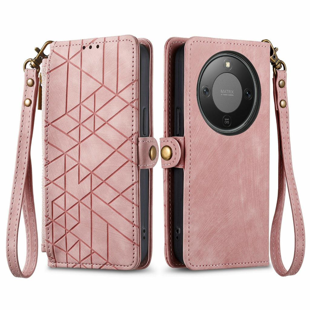 For Honor X70 Pro 5G Case Zipper Wallet Geometry Lines Leather Phone Cover with Strap