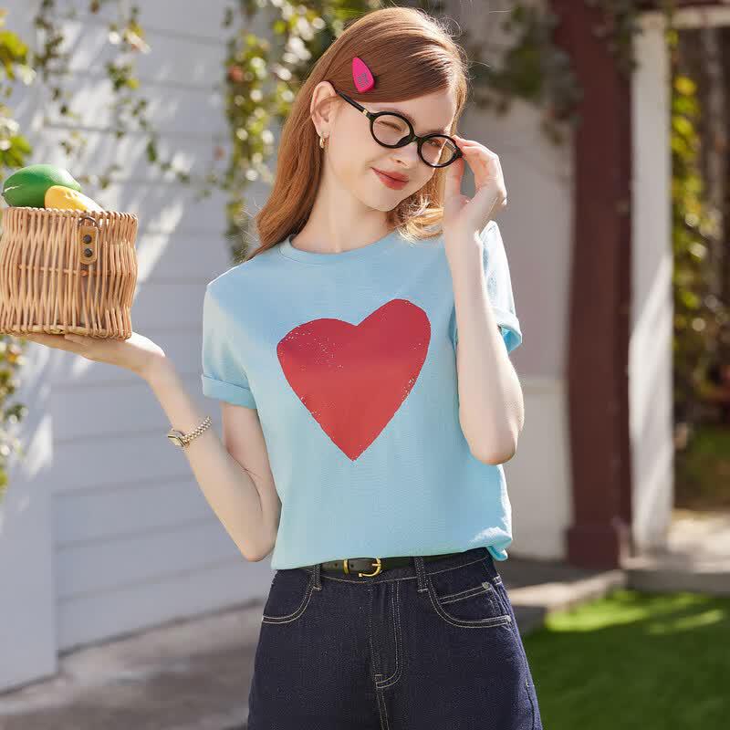 Bailuyu Contrast Heart Print Short Sleeve T-Shirt XL