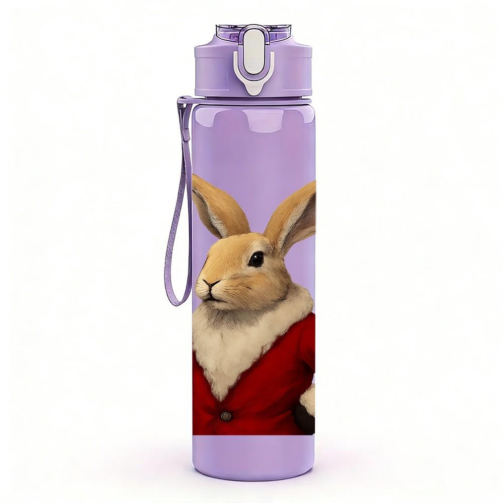 1PC Rabbit Drinking Wine Funny Print 750ml Color Plastic Sports Water Bottle Leakproof Flip Straw Lid Suitable for Sports Office Home Use