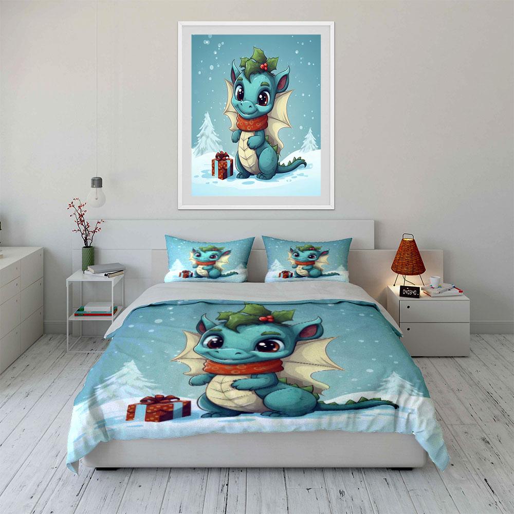 Cute Dragon with Gift Design Bedding Duvet Cover Set  (1*Duvet Cover 2*Pillowcases, without duvet insert)