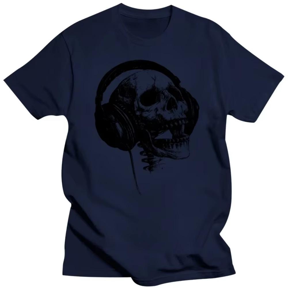 Cheap  Skull With Music Headset Rock Forever Tee Shirts Mens  Made Oversized Anime Tshirt Men Premium Cotton Gothic Style Tshirt