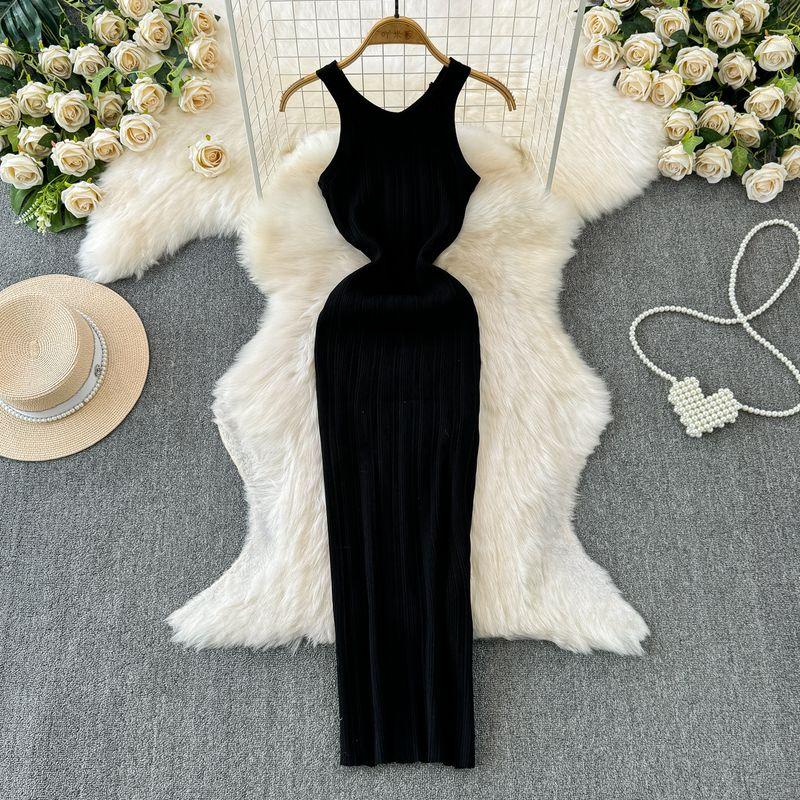 

Модное сексуальное платье без рукавов, вязаное, женское, летнее, с облегающей талией, стройнящее, однотонное, стильное, нишевого стиля, красивое платье Black All yards