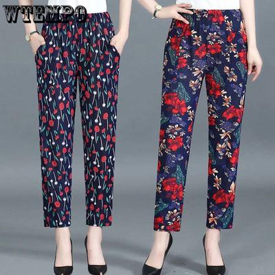 Sommerhose für Damen, lässig, locker, dünn, bedruckt, große Größe, elastisch, hohe Taille, kühle, atmungsaktive Hose mit Taschen