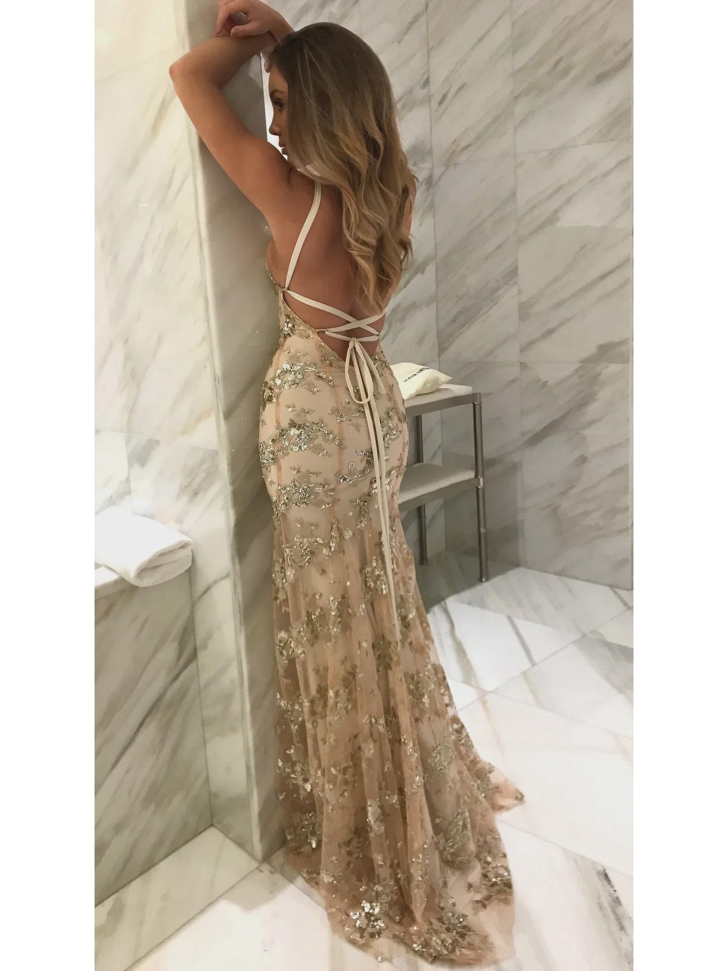 

Європейська та американська жіноча сукня-слінг із V-подібним вирізом і паєтками без спини 2025 року XXXL абрикосовий