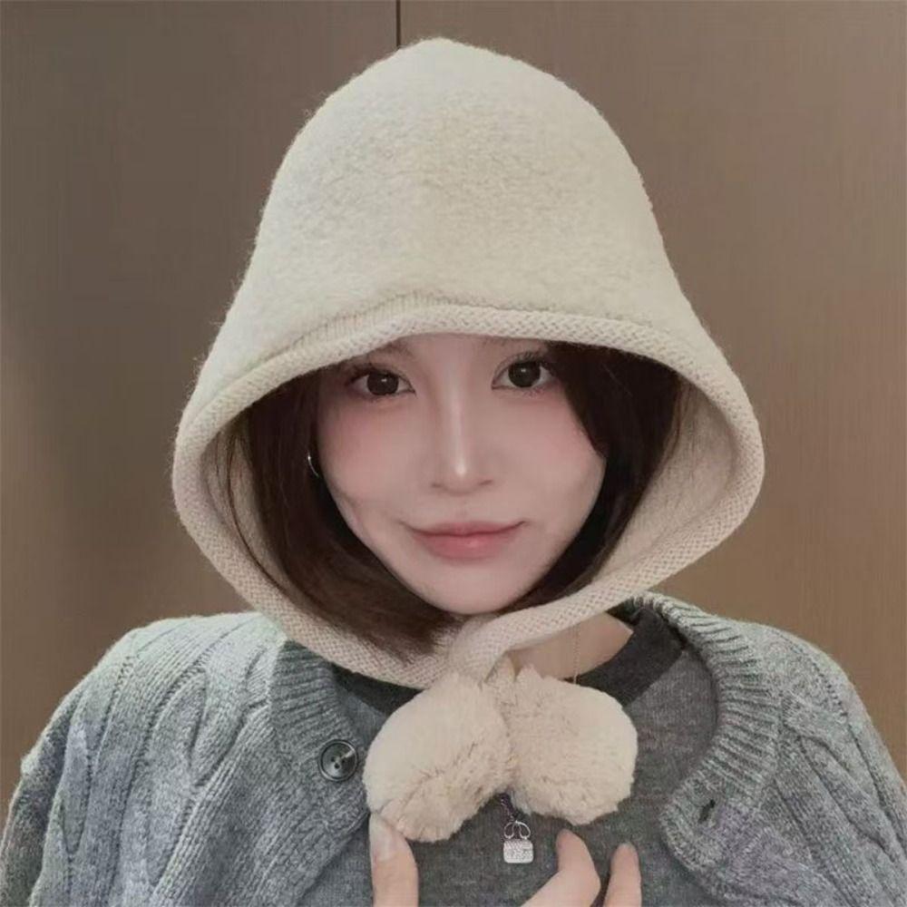 Keep Warm Pom Pom Hat Plush Neck-protection Integrated Cap Warm Ear Protection Cap Daily Outfits