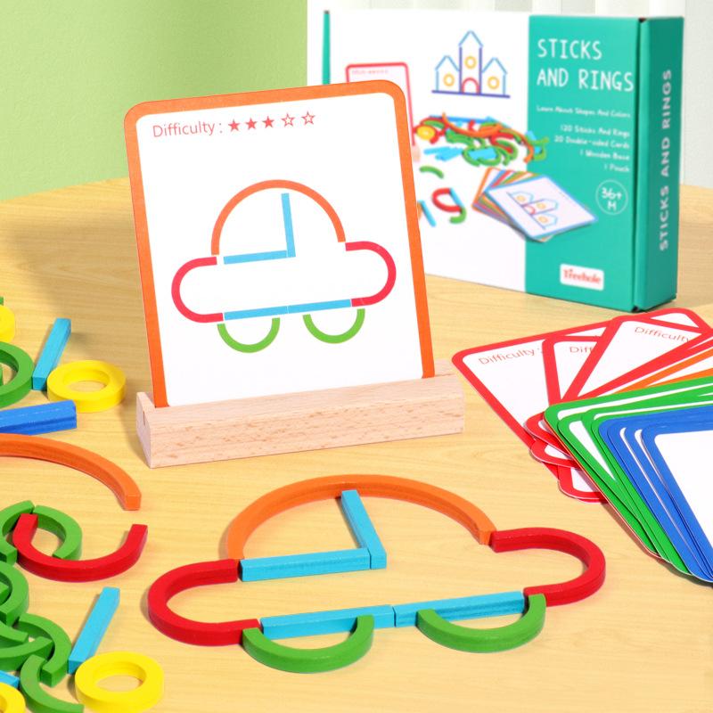 Kvalitní dřevěné kreativní tyčinky a kroužky Logická inteligentní hra Montessori Vzdělávací hračky pro rané dětství pro děti Dárek
