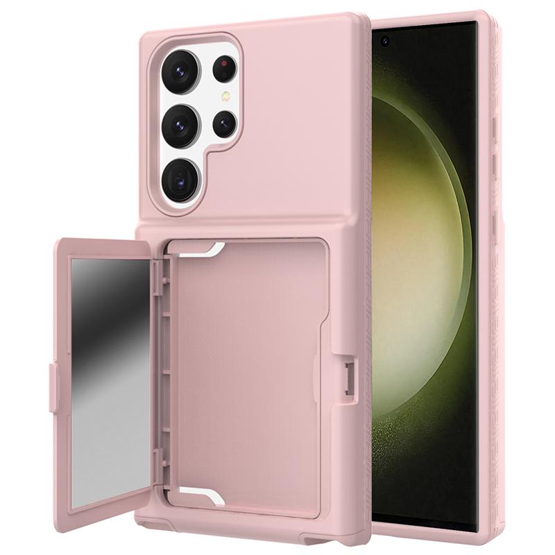For Samsung Galaxy S23 Ultra Cardcase Series PC+TPU Phone Case Mirror Design Card Slots Kickstand Thickened Cover
