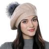 A Women's Beret Knitted Wool Hat with Fur Ball, Fashionable European and American Popular Hat, Autumn and Winter Thick Ear Protection Wool Hat