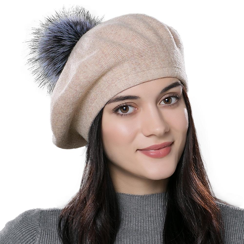 A Women's Beret Knitted Wool Hat with Fur Ball, Fashionable European and American Popular Hat, Autumn and Winter Thick Ear Protection Wool Hat