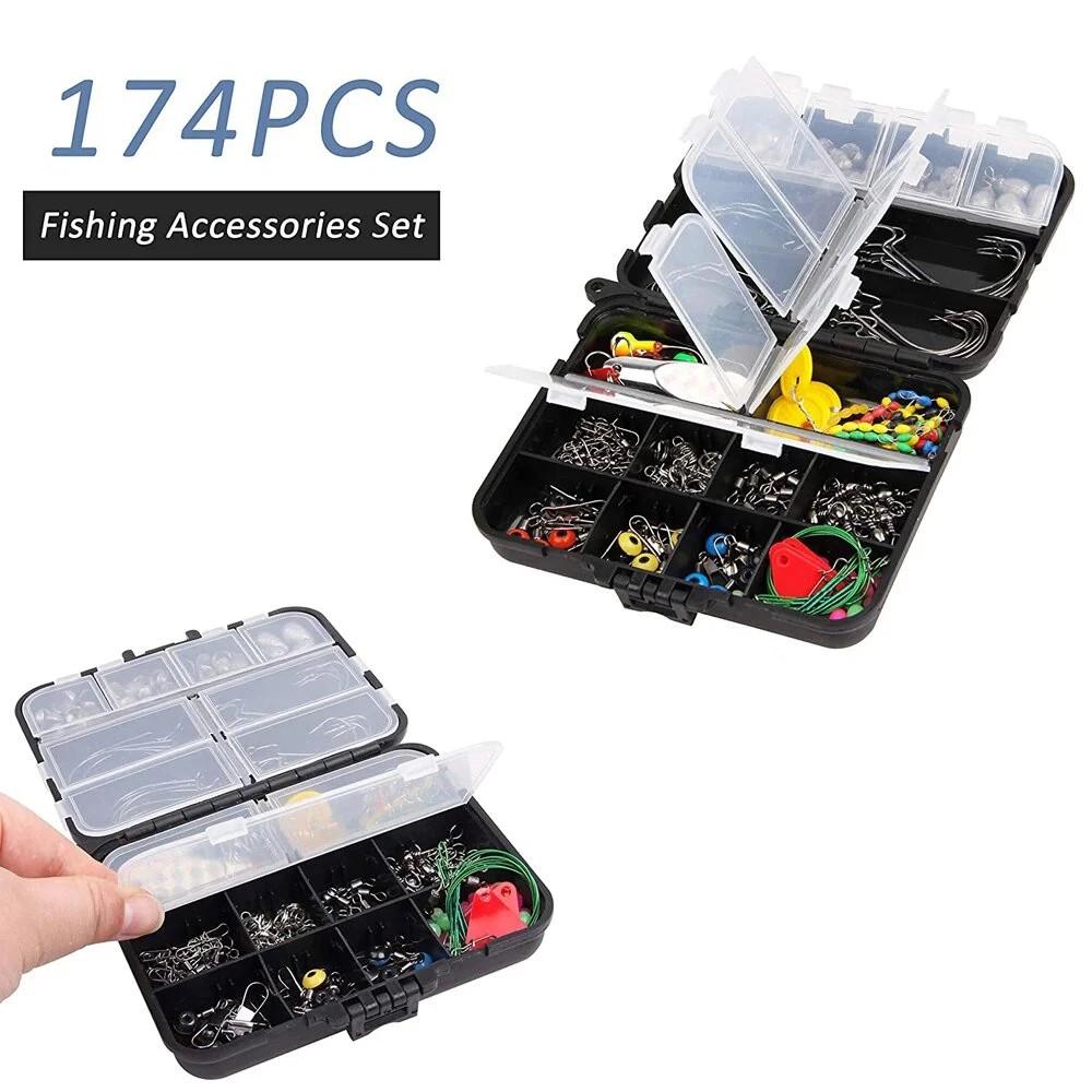 174 ks/krabička Sada rybářského příslušenství s jigovými červovými háčky, zátěžovými olůvky, obratlíky, karabinkami, kroužky pro sladkovodní a mořský rybolov