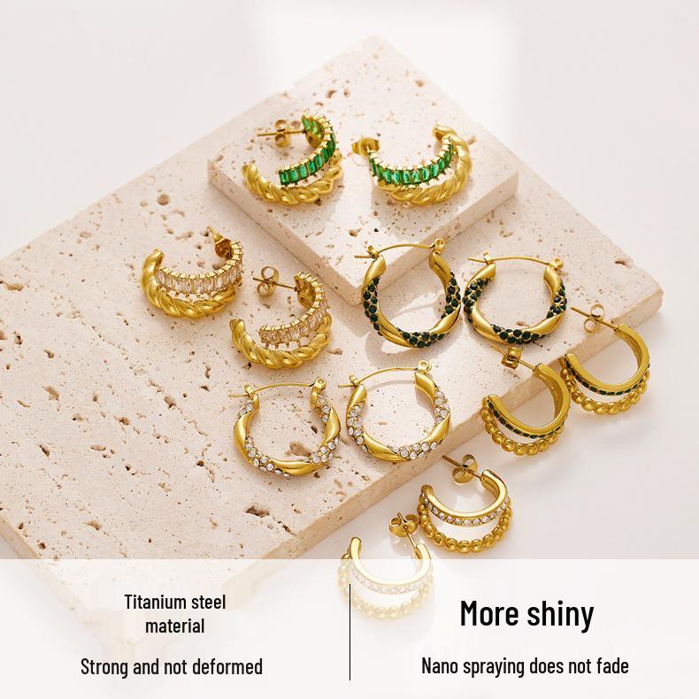18K Gold Plated C-Shaped Twisted Stainless Steel Earrings with Inlaid Diamonds - High-end Titanium Steel Accessories