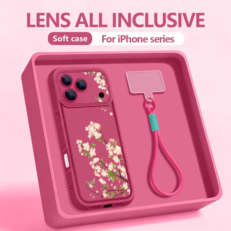 Purple Flowers Printed Lanyard Phone Case For iPhone 17 Pro Max Air 16E 16 14 15 Pro 12 13 Pro Max 11 Soft TPU Wrist Strap Cover