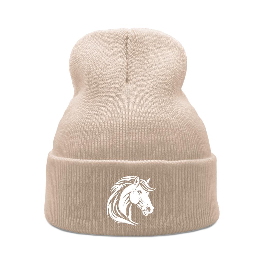 White Horse Print Winter Hats Unisex Warm Knitted Cap Beanie Hat For Woman Cuff Trendy Knit Hat Beanie Perfect For Urban Style