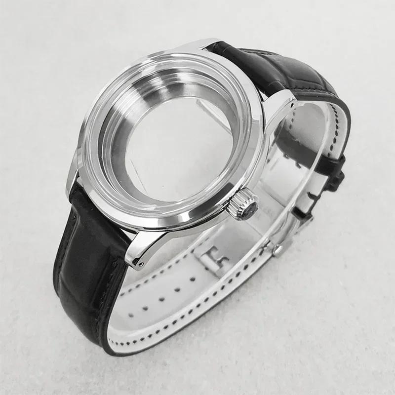 Stainless Steel Case+Leather Strap 39MM Double Buckle Leather Modification Watch Accessories For NH35/NH36/4R/7S Movement
