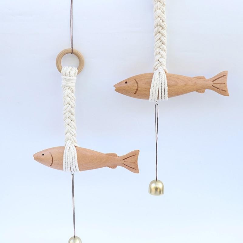 Car Ornament Wooden Fish Door Pendant Charm with Bells Wall Art Hangable Chimes Doorbell Decoration for Car Interior