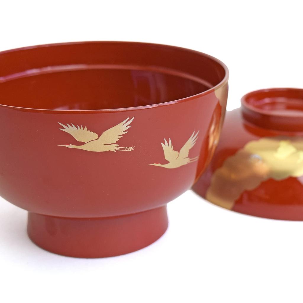 Maejuu Lacquerware Zoni Bowl Ozoni Bowl with Lid Shiny Vermilion Red Crane Gold Mica Red Large 450ml Traditional Craft Yamanaka Lacquerware Made in