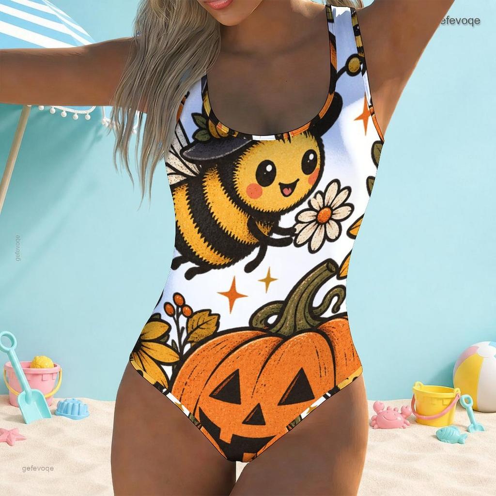 Women Plus Size Scoop Neck Wide Straps One Piece High Cut Bee Pumpkin Printed Swimsuit