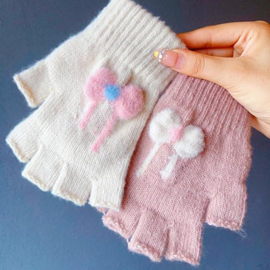 1 Pair Winter Half Finger Gloves for Women Cute Fingerless Mittens with Bow Plush Warm Stretchy Gloves for Women Girls