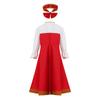 Girls Russian Costume Round Neck Puff Sleeve Gold Embroidery Knee Length Dress Beautiful Headpiece Traditional Set