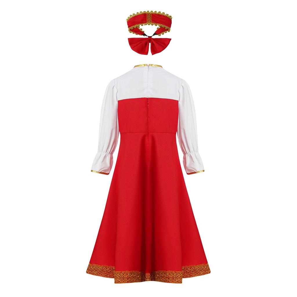 Girls Russian Costume Round Neck Puff Sleeve Gold Embroidery Knee Length Dress Beautiful Headpiece Traditional Set
