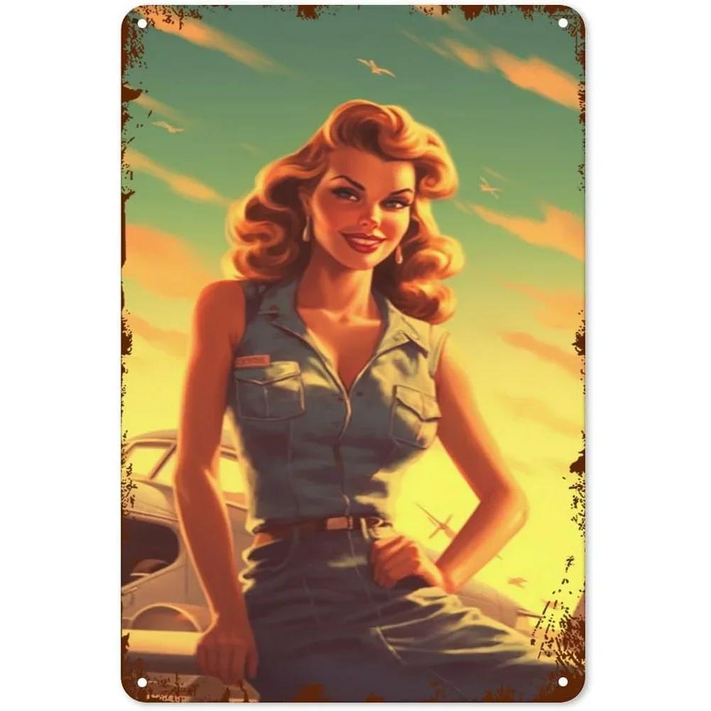 Metal Tin Signs Plaque Pinup Bikini Girl Wall Decoration Vintage Art Poster Iron Painting for Man Cave Home Cafe Garden Club