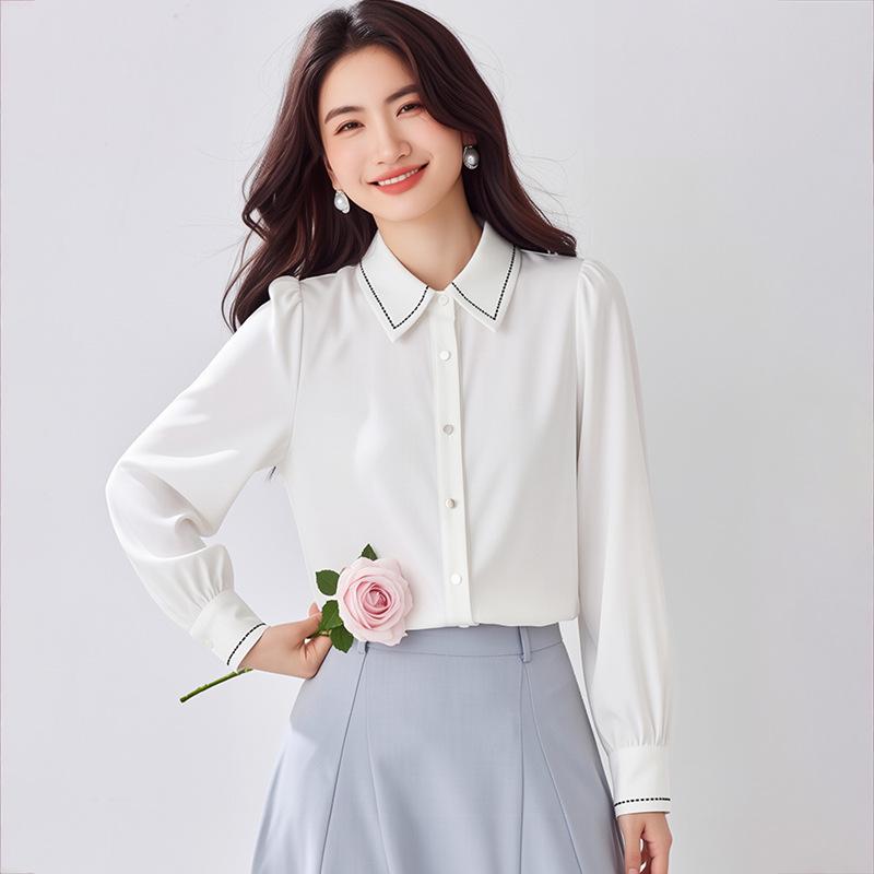 Women s White Satin Long Sleeve Warm Shirt - Autumn/Winter Formal French Style S