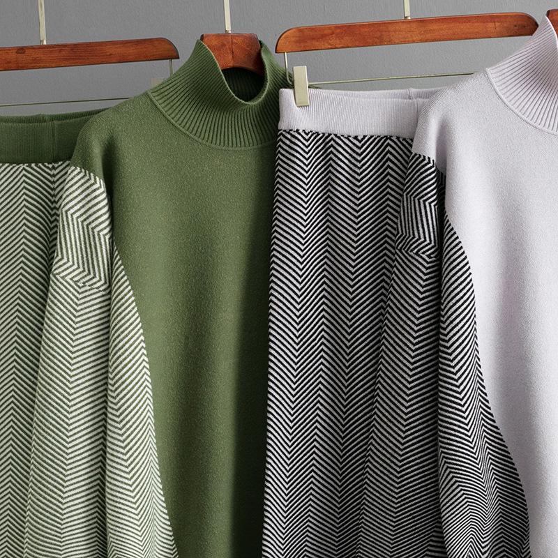 Fashion Contrasting Color Semi-turtleneck Loose Knitted Top Wide-leg Pants Two-piece Set