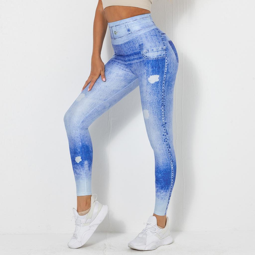 Digital bedruckte Denim-Hose in Blau, enge Höhe, schnelltrocknende Yoga-Hose, Sport-Laufhose, Fitness-Hose für Damen