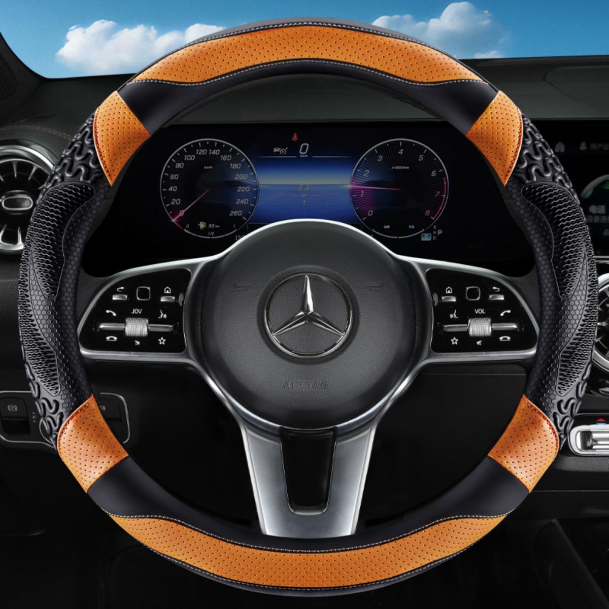 

Спортивная всесезонная оплетка на руль с термотиснением, перфорированная ПУ-кожа для улучшенного сцепления - подходит для рулей 14,5-15 дюймов оранжевый